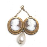 Antique victorian 9ct gold double carved shell cameo & pearl drop pendant measures approx 5cm drop