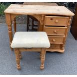 Pine 3 drawer dressing table and stool 40" long 21" deep 29" tall