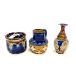 Antique Royal Doulton Lamberth tobacco jar, poise vase, jug, makers markings to base, good overall