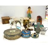 Selection of antique and later pieces to include chalk boy figure, commemorative Royal Doulton mugs,