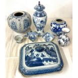 Large selection of antique blue and white pottery pieces to include Chinese markings etc