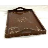 Antique inlaid mahogany small serving tray, approximate measurements: Length 15.5 inches, Width 10