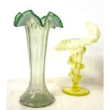 Antique vaseline glass vase, vintage green glass vase