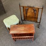 Antique footstool, oak and straw, wooden fire screen, inlaid magazine rack