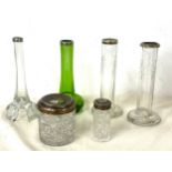 Selection of silver top glass vases, all hallmarked, various styles, various height