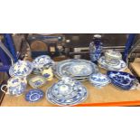 Selection of antique and later Delph ware blue and white pottery, together with other blue and white
