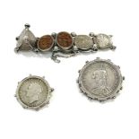 William IV and Victorian silver coin brooches and bracelet set with 2 Chinese carved panels