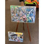 Vintage easel together with framed collages