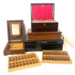 Selection of vintage wooden boxes / jewellery boxes, travelling shaving box, metal lockable cash tin