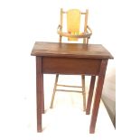 Vintage wooden children's toy highchair, small wooden children's desk, height of desk is