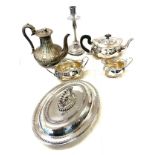 Silver plated teaset, entree dish, lamp base, teapot etc