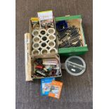 Selection of Hornby Train track, spare carriages, paper work, hornby uncoupler unit, wire etc