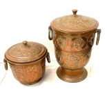 Vintage copper and brass champagne and ice bucket, both lined and have marks to the base