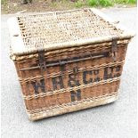 Large antique industrial wicker and metal basket measures approx 27" tall 34" wide 27" depth