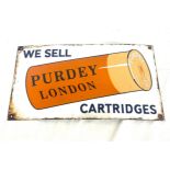 Vintage enamel Purdy London metal advertising sign, approximate measurements: Width 18.5 inches,