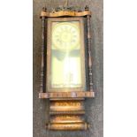 Vintage long case inlaid 2 key hole wall clock with pendulum, untested