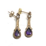 9ct gold vintage pearl & amethyst drop earrings (2.1g)