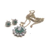 2 x 9ct gold emerald & clear stone necklace, earrings, set (4.5g)