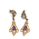 9ct gold amethyst & pearl drop earrings measure approx 3.3cm drop weight 3.5g