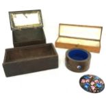 Selection of wooden and metal boxes to include a small circular box with enamel lid and detail