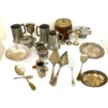 Selection of silver plate to include tankards, cake knifes etc