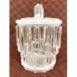 Heavy pressed glass lidded jar, approximate measurements: Height 11 inches, diameter 8.5 inches