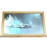 Framed 1970's print of a spitfire by Barrie A F Clark, approximate frame measurements: 23 x 39