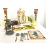 Selection of miscellaneous to include silver plated cutlery, tea light holders, plaques/ tiles,