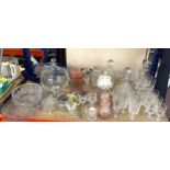 Large selection of glassware to include decanter, drinking glasses, vases etc