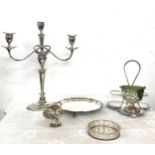 Box of silver plated items to include decanter stand, candlestick