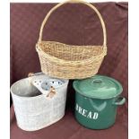 Vintage enamel bread bin and galvanised mop bucket, wicker basket