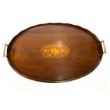 Mahogany inlaid serving tray with brass handles 22inches long 14.5inches wide