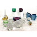 Selection of art glass to include signed paperweight, bohemian glass etc