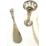 Silver flower vase and a silver handled shoe horn