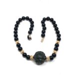 chinese 14ct gold stoppers carved serpentine pendant & onyx beads single strand necklace (67.7g)