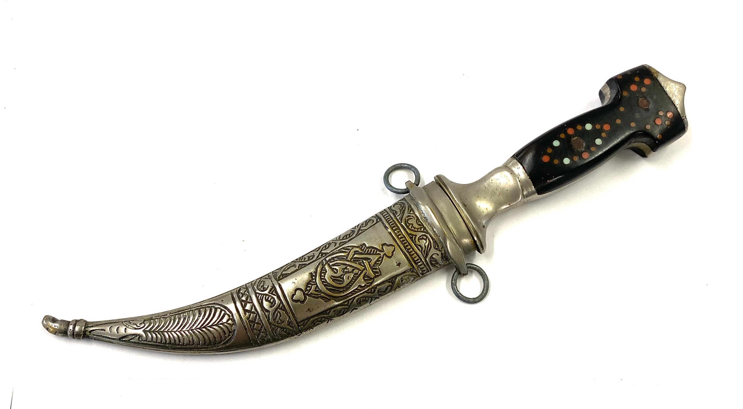 Middle eastern Jambiya knife with scabbard, markings to blade