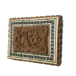 An antique Indian carved card case in sandalwood with intricate micro mosaic borders.measures approx
