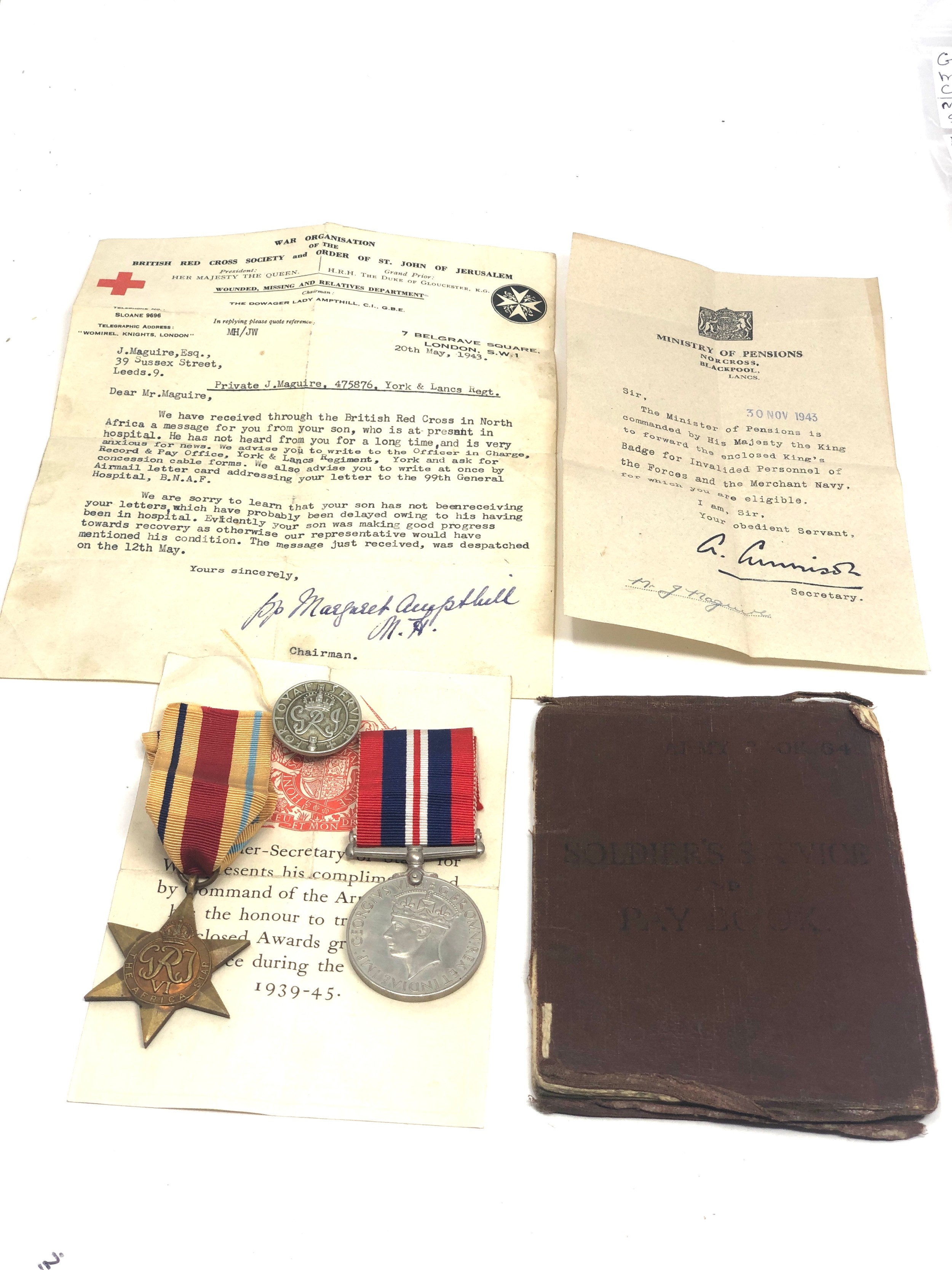 ww2 africa star group & paperwork relating to pte j.maguire who was discharged after being in