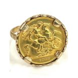 9ct ladies half sovereign set ring 1912, approximate total weight 8.3g, ring size