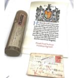 ww1 casualty scroll postage tube & envelope to pte ernest andrews middlesex reg