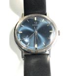 1960s Omega gents wristwatch s/steel case blue dial stick hands steel baton markers omega crown