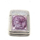 Victorian silver vesta case with enamel stamp detail