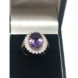 Fine 9ct gold amethyst & diamond ring central amethyst measures approx 14mm by 11mm weight 4.8g