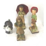 3 Chalk ware figures to include "Annie Oakley" and a decanter of vintage Shirayuki saki c1972