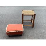 2 Vintage stools, fabric and straw designs