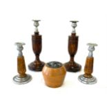 2 Sets of wooden candlesticks, Chestnut wooden box