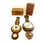 2 Vintage wall hanging barometers, 2 small wooden boxes, a/f