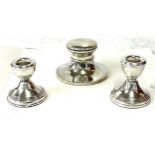 Silver hallmarked ink well, and matching pair of candlesticks, bases are filled, makers mark B&C,