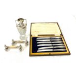 Silver top vase, cased silver handled cutlery set and silver plated cutlery stands