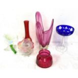 Selection of coloured art glass includes signed vase, vaseline glass etc
